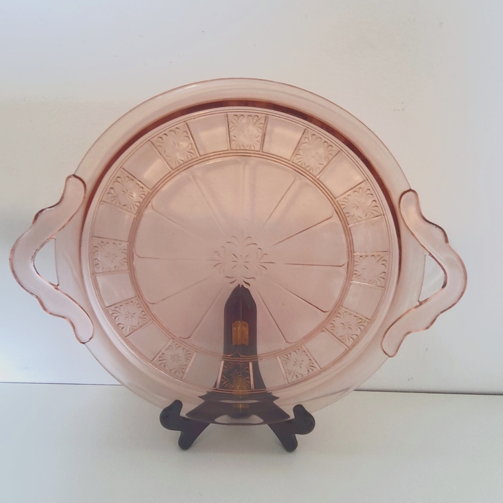 Jeannette Vintage Pink Depression Glass serving plate with handles